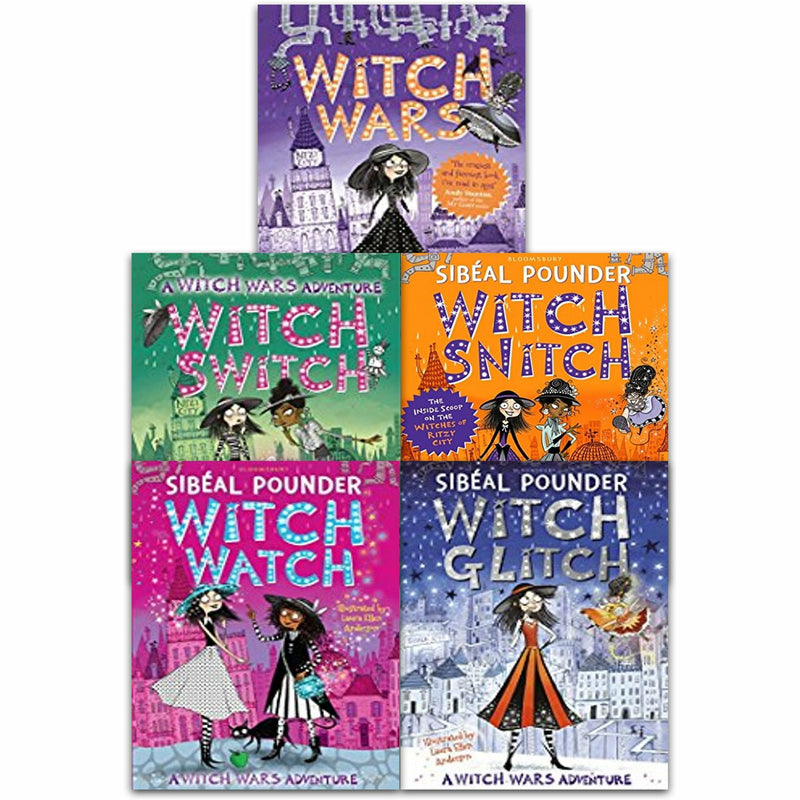 Set of five The Witch Wars Series books by Sibeal Pounder in paperback, featuring colorful covers from the Bloomsbury fiction collection.