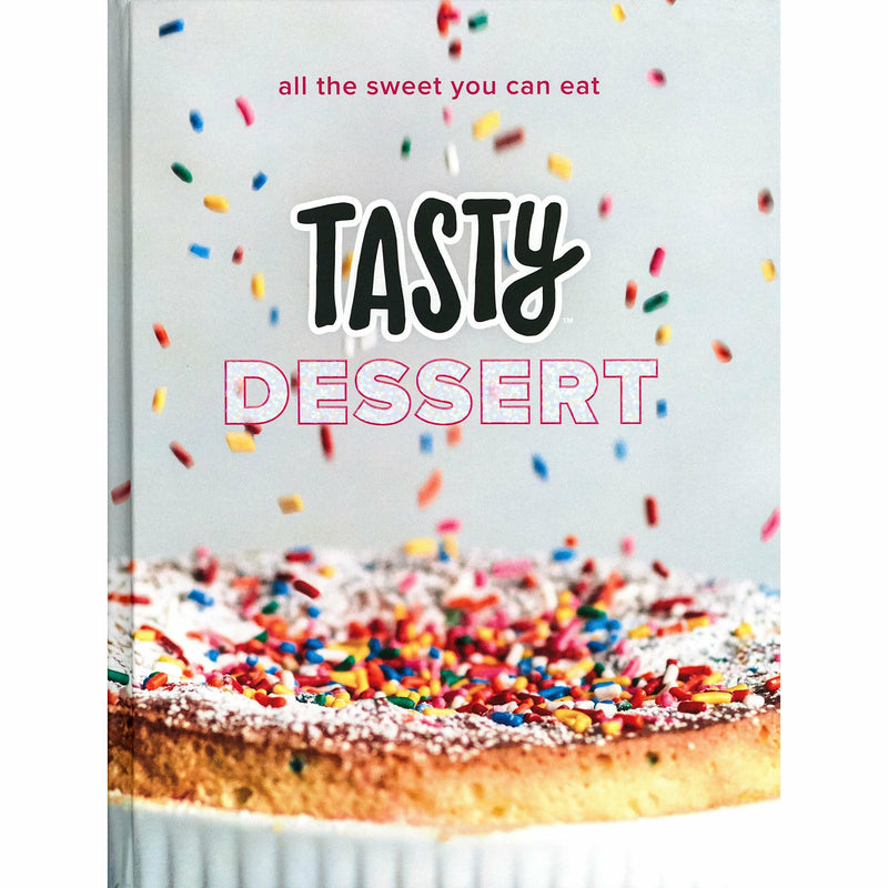 Cover of Tasty Dessert cookbook by Tasty, featuring colorful images of various sweet desserts on a hardcover book.