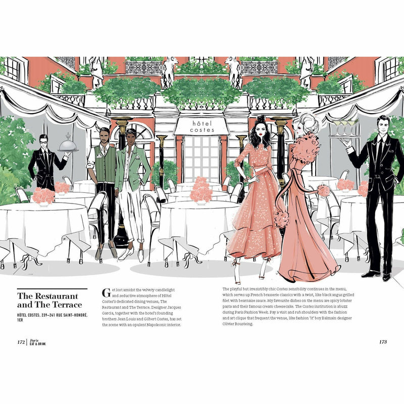 Illustrated hardcover travel guide "Paris: Through a Fashion Eye" by Megan Hess, featuring stylish Parisian scenes and fashion-inspired artwork.