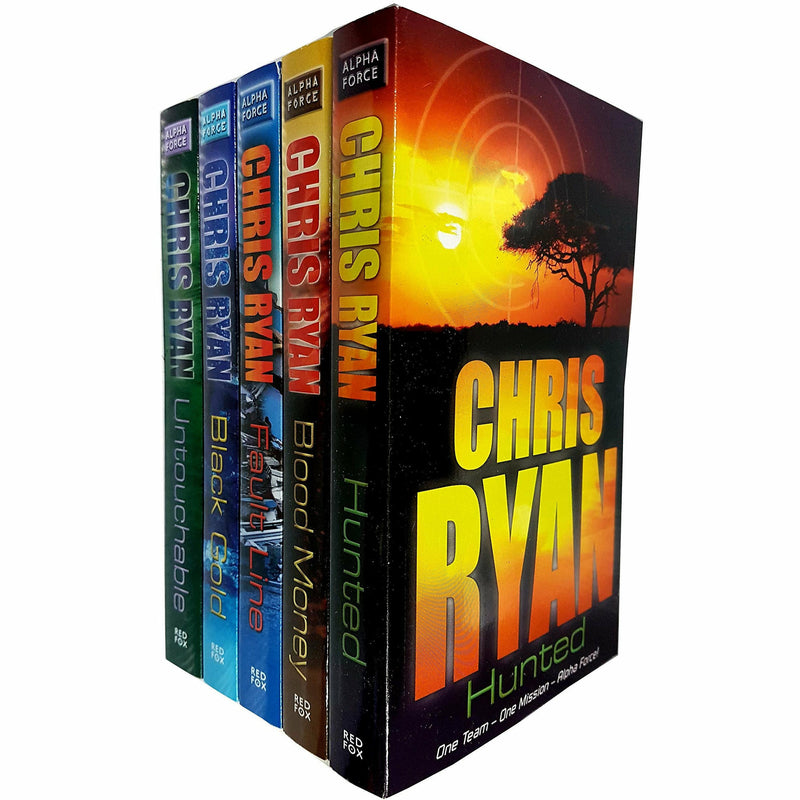 Set of five paperback Alpha Force books by Chris Ryan in the Red Fox fiction collection, featuring action-packed cover art.