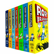 Set of seven Rory Branagan Detective Series books by Andrew Clover, featuring colorful covers and detective-themed illustrations.