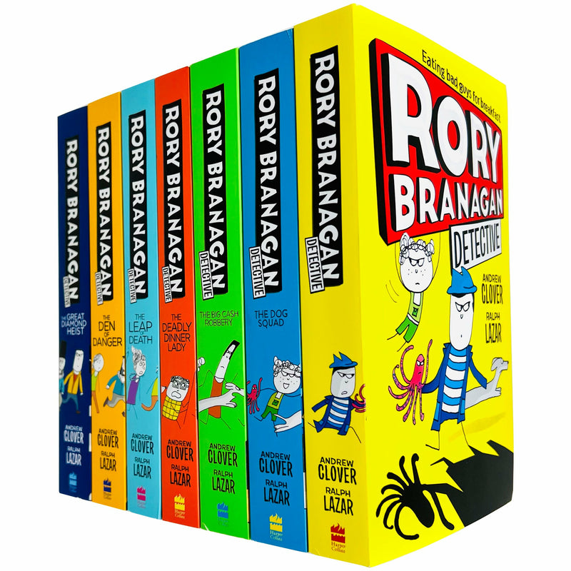 Set of seven Rory Branagan Detective Series books by Andrew Clover, featuring colorful covers and detective-themed illustrations.