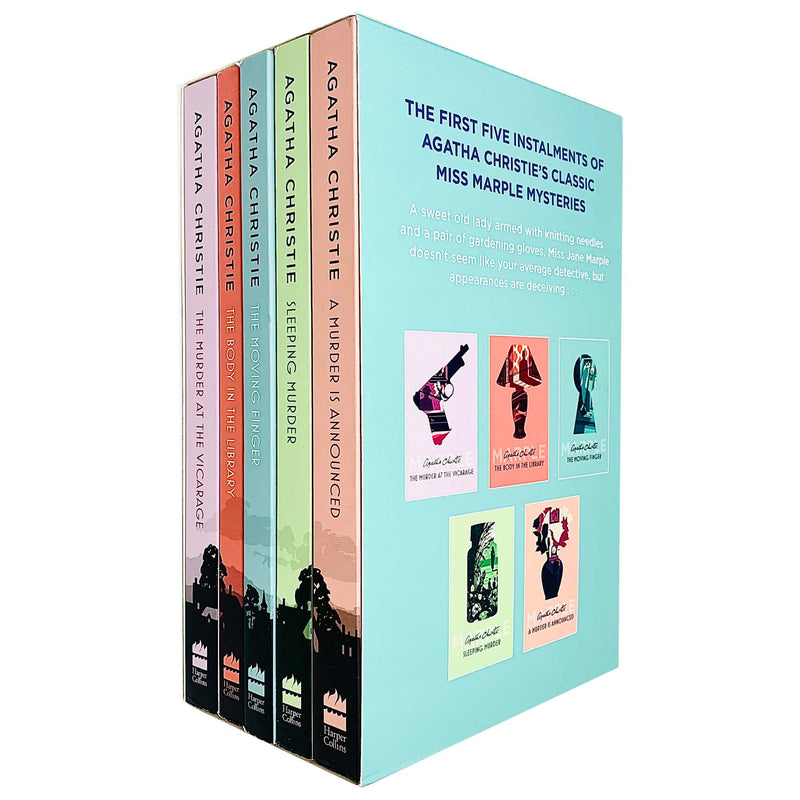 Set of Miss Marple mystery books by Agatha Christie, featuring The Murder at the Vicarage, in a HarperCollins collection.