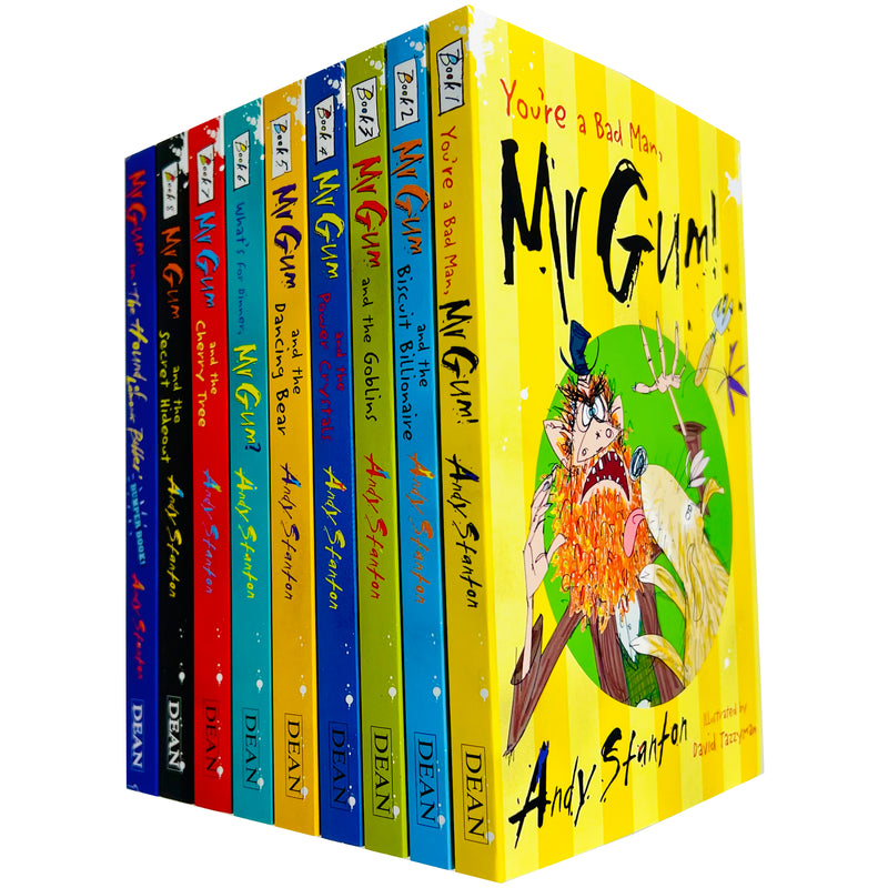 Dean & Son Mr Gum Series Books 1-9 collection by Andy Stanton, featuring Biscuit Billionaire and more in colorful covers.