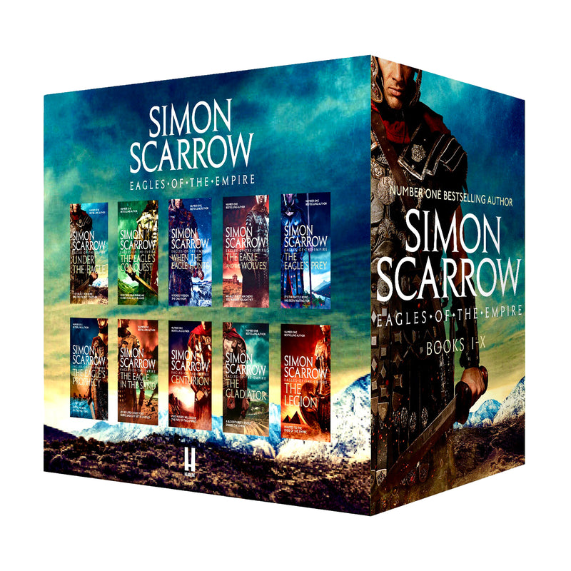 Collection box set of Eagles of the Empire Series books 1-10 by Simon Scarrow, featuring spine images of historical adventure novels.
