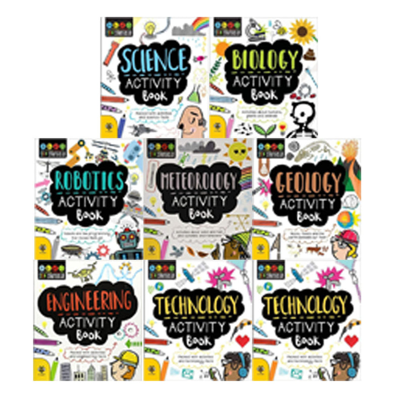 Set of STEM Starters activity books for kids by Jenny Jacoby, featuring science, robotics, geology, and engineering illustrations.