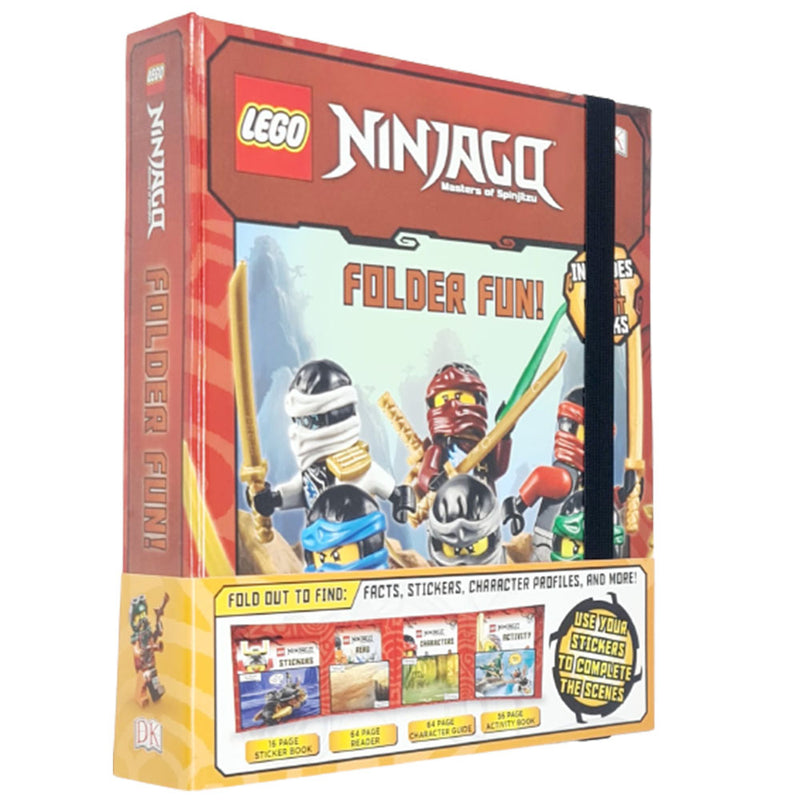 Lego Ninjago Folder Fun by DK featuring colorful character profiles, facts, stickers, and themed illustrations.