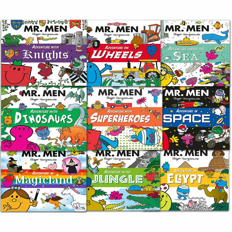 Set of nine Mr Men and Little Miss Adventures paperback books by Roger Hargreaves, featuring colorful character illustrations.