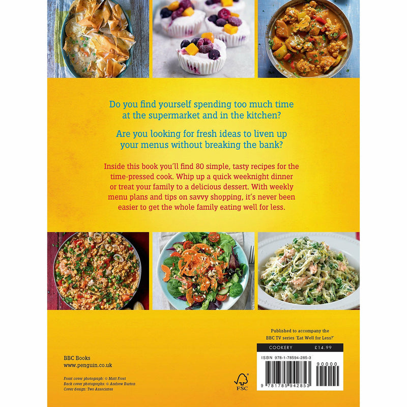 Paperback of "Eat Well for Less" by Jo Scarratt-Jones, featuring colorful quick and easy meal recipes on the cover.