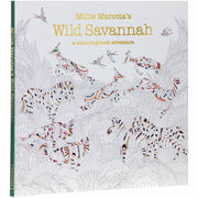 Open page from Millie Marotta's Wild Savannah coloring book showing detailed illustrations of savannah animals and foliage.