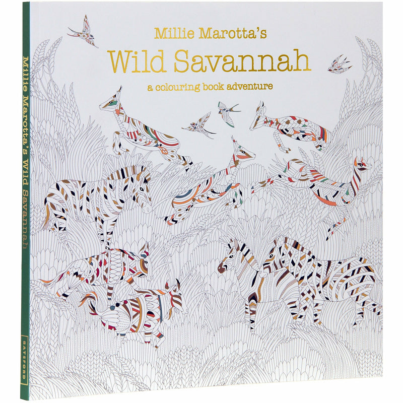 Open page from Millie Marotta's Wild Savannah coloring book showing detailed illustrations of savannah animals and foliage.
