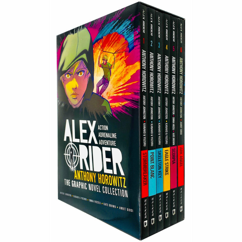 Six paperback Alex Rider graphic novels by Anthony Horowitz in a collection box set, featuring vibrant cover art and dynamic characters.