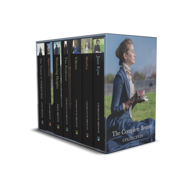 Back view of the Anne Brontë classic editions book collection box set featuring seven paperback novels by the Brontë Sisters.