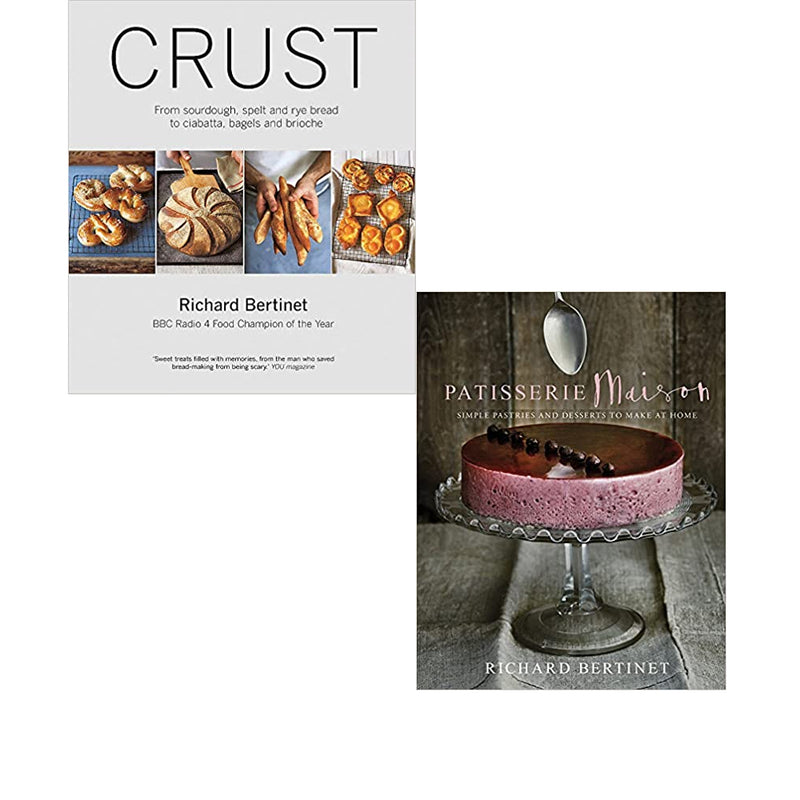 Two hardcover books from Richard Bertinet's Crust & Patisserie Maison collection, featuring baking recipes and techniques.