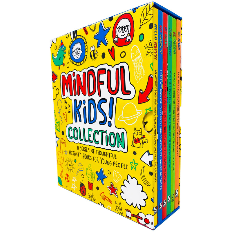Set of six Mindful Kids paperback books by Stephanie Clarkson featuring positive messages like Hello Happy, Be Brave, Stay Strong.