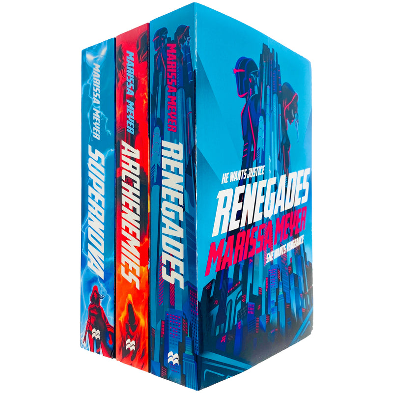 Three paperback books from the Renegades collection by Marissa Meyer, featuring colorful covers and young adult fiction themes.