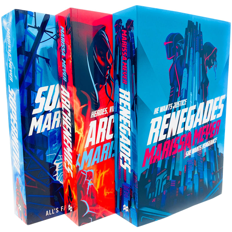 Three paperback books from the Renegades collection by Marissa Meyer, featuring colorful covers and young adult fiction.