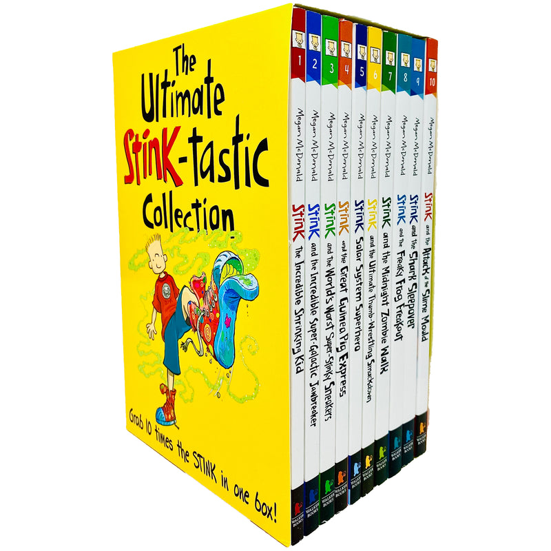 Set of 10 children's books from Megan McDonald's The Ultimate Stink-tastic Collection, published by Candlewick Press, displayed in a box.