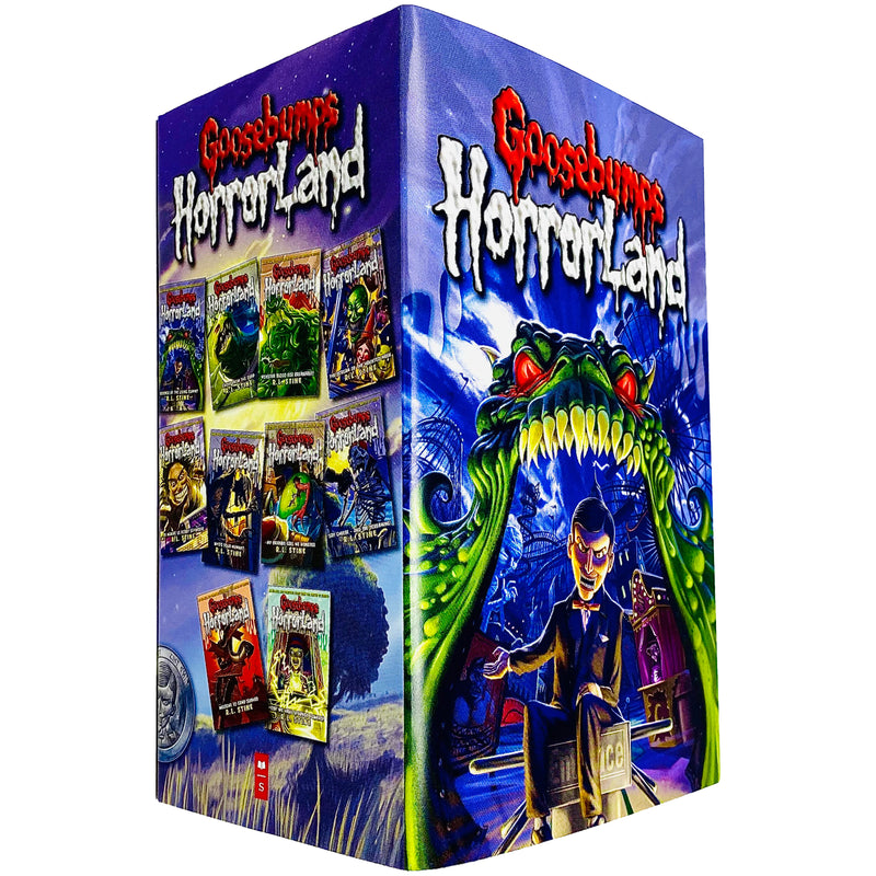 Collection of Goosebumps Horrorland series books 1-10 by R.L. Stine, featuring colorful book covers from the Scholastic series.