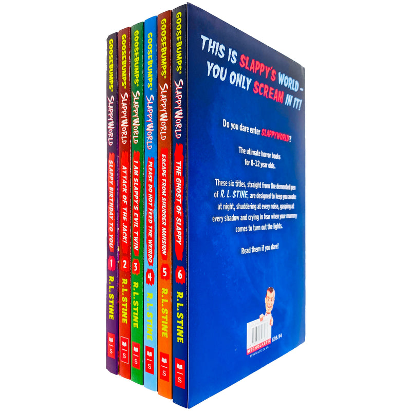 Six Goosebumps Slappyworld Series books by R.L. Stine in paperback, featuring spooky cover art from the Scholastic collection.