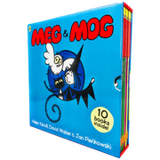 Set of 10 Puffin paperback Meg & Mog books by Helen Nicoll and Jan Pienkowski, featuring colorful covers from the fiction collection.
