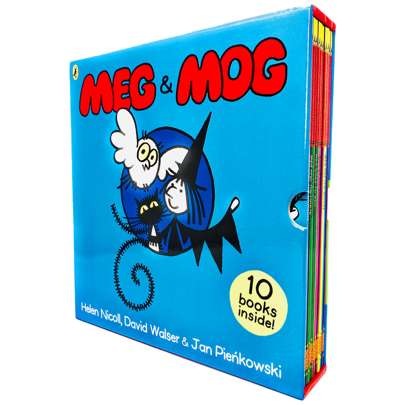 Set of 10 Puffin paperback Meg & Mog books by Helen Nicoll and Jan Pienkowski, featuring colorful covers from the fiction collection.