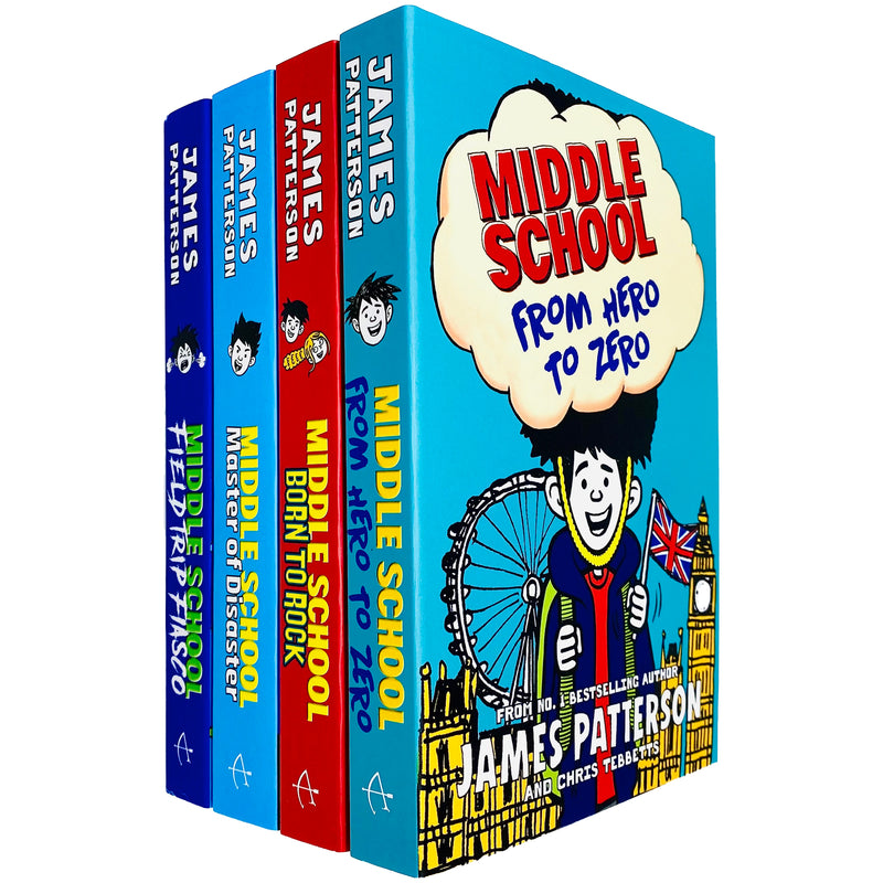 Arrow-shaped collection of James Patterson Middle School Series Books for ages 10-13, includes four engaging titles in a colorful set.