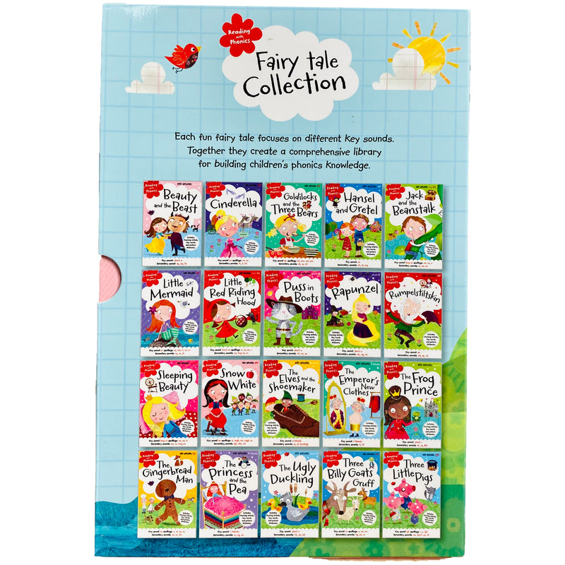 Box set of 20 make-believe fairy tale books by Clare Fennell and Rosie Greening, featuring classics like Beauty and the Beast and Cinderella.