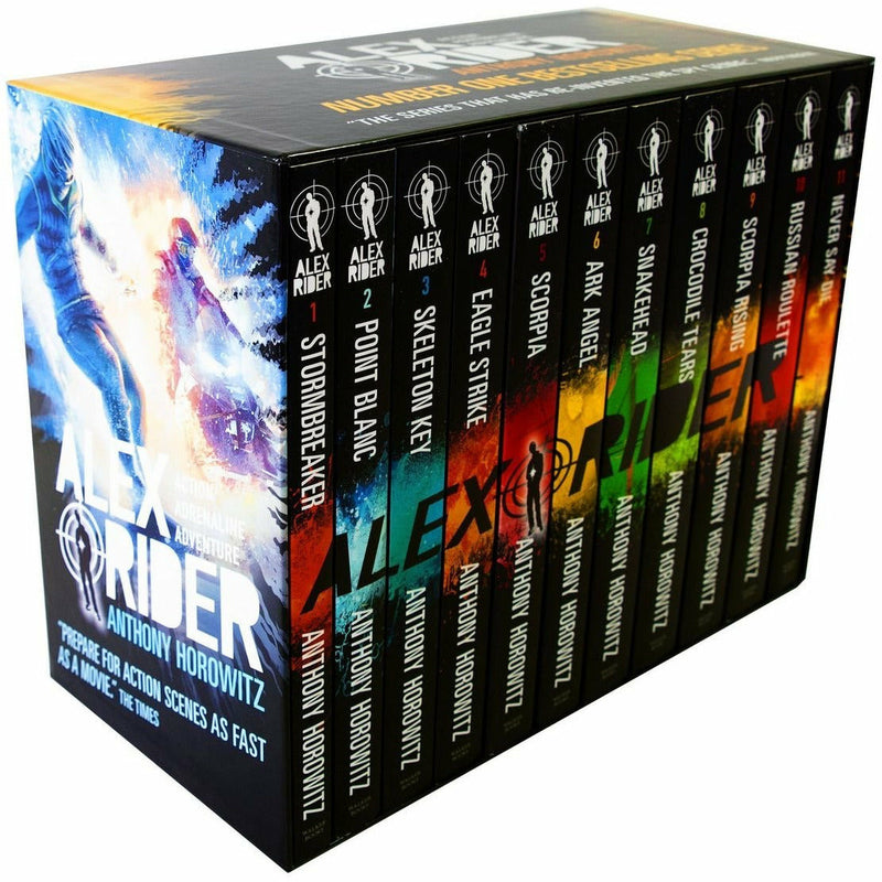 Alex Rider book collection box set by Anthony Horowitz, featuring 11 paperback fiction novels with colorful covers.