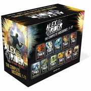 Alex Rider book collection box set by Anthony Horowitz featuring 11 paperback fiction books with colorful covers.