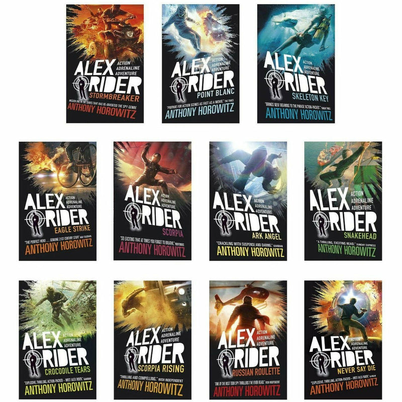 Anthony Horowitz Alex Rider 11-book collection box set of fiction paperbacks displayed together.