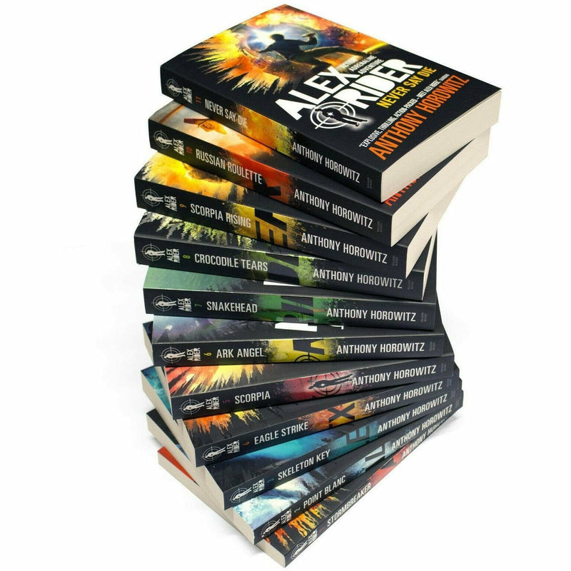 Alex Rider book collection box set by Anthony Horowitz featuring 11 paperback fiction books with colorful cover art.