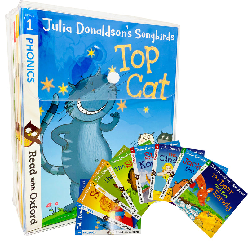 Set of 36 Oxford Songbirds books by Julia Donaldson, featuring Stage 1-4 phonics stories for early readers.