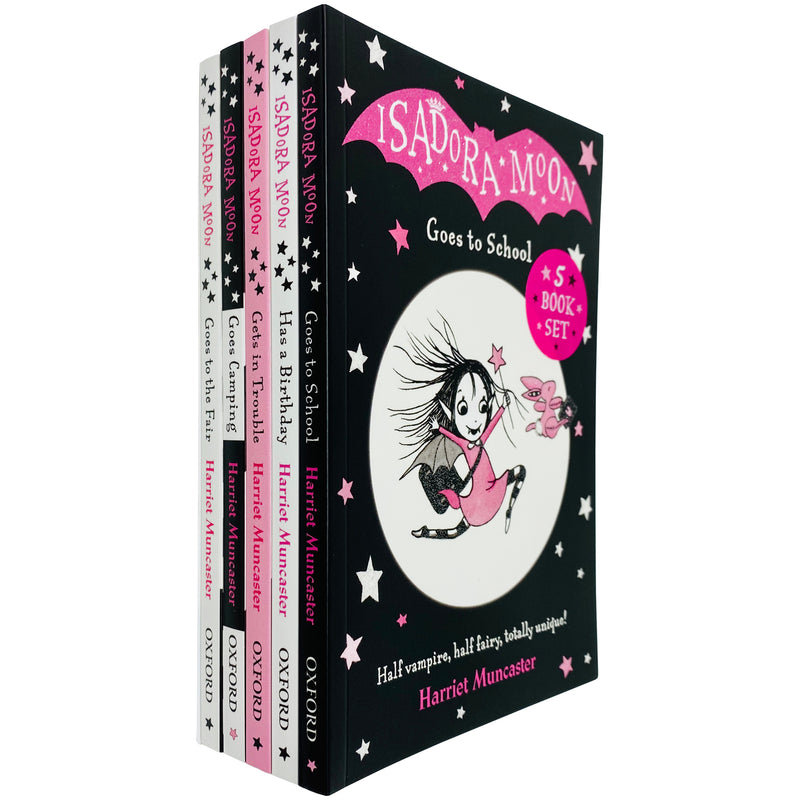 Set of five Isadora Moon books by Harriet Muncaster, paperback collection featuring colorful covers and whimsical illustrations.