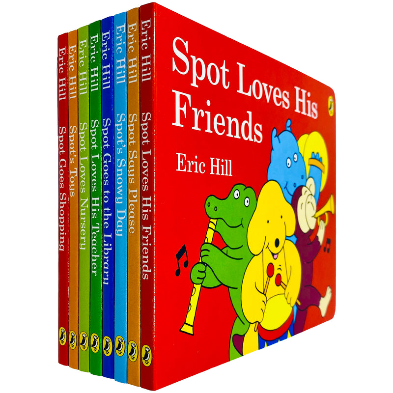 Set of eight Puffin board books from Eric Hill’s Spot Stories collection for ages 0-2, featuring colorful illustrations and familiar characters.