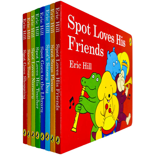 Spot Stories 8 Books Collection Set by Eric Hill (Loves His Friends, Say's Please, Snowy Day, Goes to the Library) - The Book Bundle