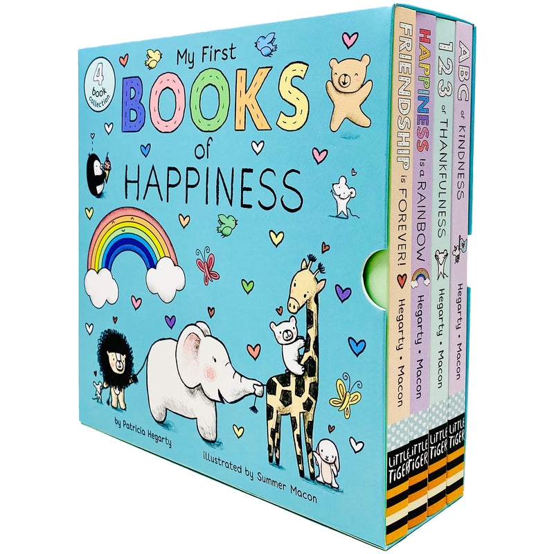 Set of four children's books from My First Books of Happiness collection by Patricia Hegarty, Little Tiger brand, featuring colorful covers.