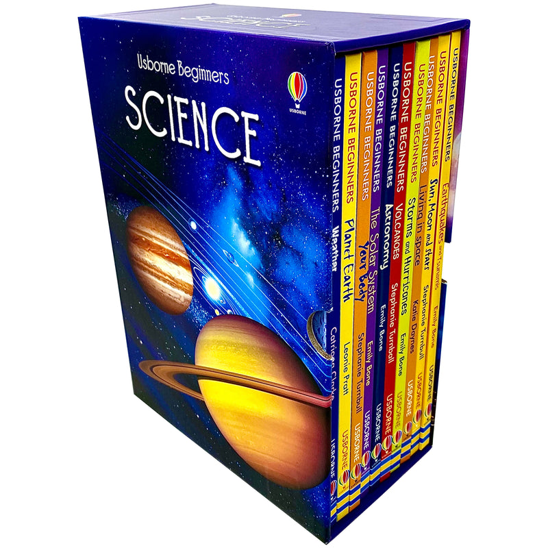Set of 10 Usborne Beginners Science Series hardback books in a collection box, featuring colorful science-themed covers.