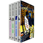William Gibson Sprawl Series complete 4-book set, including Mona Lisa Overdrive and Burning Chrome, Orion edition, displayed on a shelf.