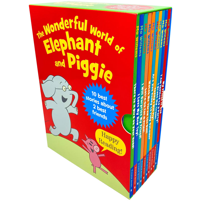 Collection of 10 Mo Willems Elephant & Piggie series books by Walker Books, featuring colorful covers and playful illustrations.
