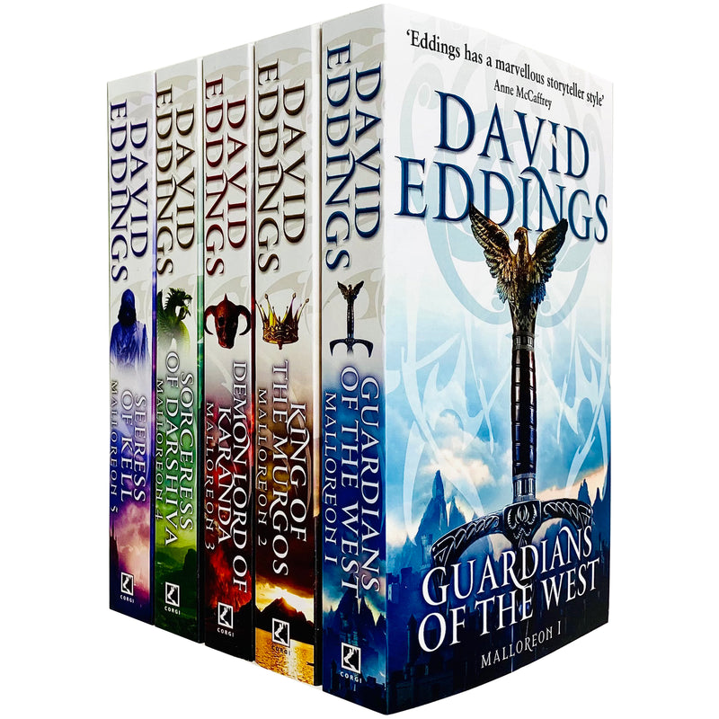 Set of five Malloreon paperback books by David Eddings, featuring colorful covers and fantasy artwork.