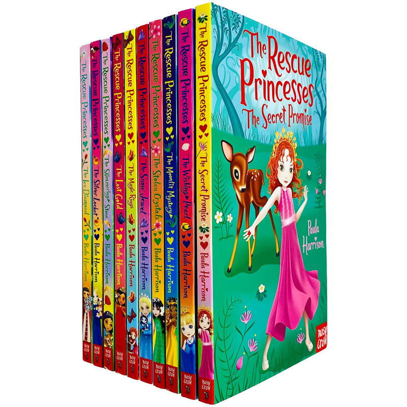 Collection of The Rescue Princesses series books 1-10 by Paula Harrison, featuring colorful covers and illustrated princess characters.