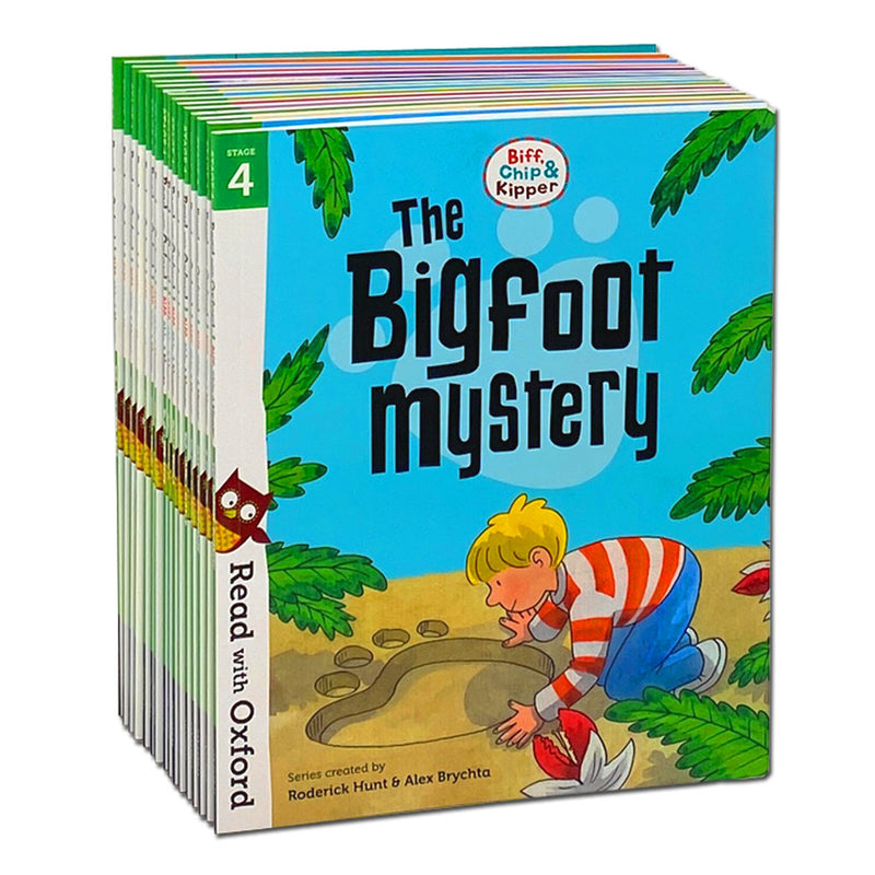 Collection of 16 Biff, Chip, and Kipper Stage 4 Read with Oxford books by Roderick Hunt featuring colorful covers and children reading.