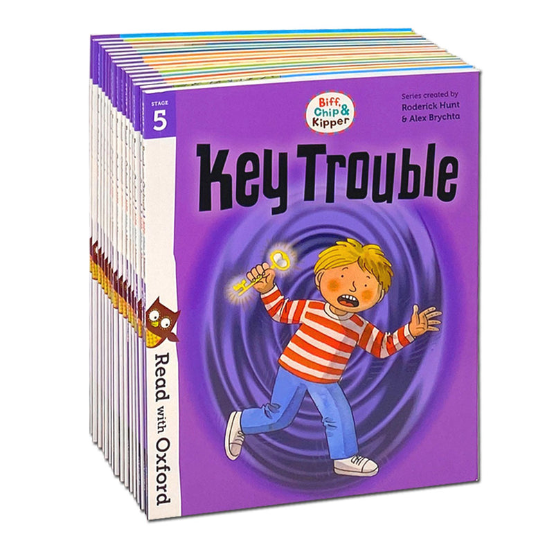 Set of 16 Biff, Chip, and Kipper Stage 5 Read with Oxford books by Roderick Hunt, featuring colorful children's book covers.