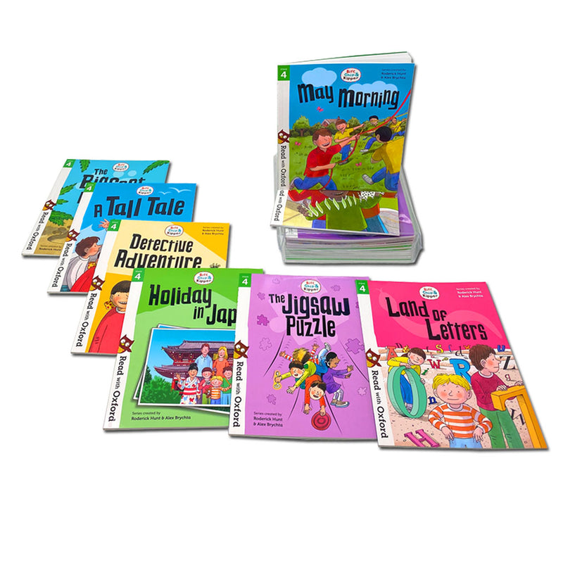 Collection of 16 Biff, Chip and Kipper Stage 4 Read with Oxford books by Roderick Hunt, featuring colorful children's storybook covers.
