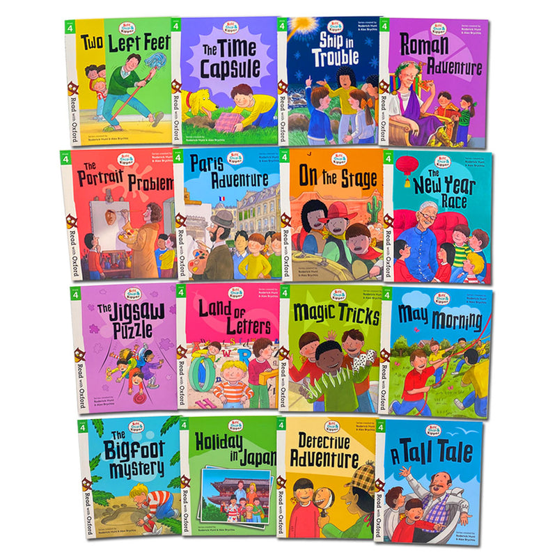 Set of 16 Biff, Chip, and Kipper Stage 4 reading books by Roderick Hunt, designed for children aged 5+ from Oxford's Read with Oxford collection.