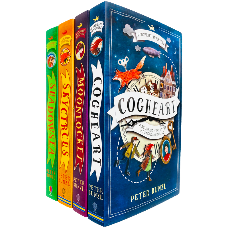 Four paperback Cogheart Adventures books by Peter Bunzl in a collection set, featuring engaging fiction stories for young readers.