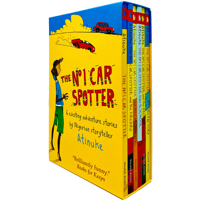 Collection of five Atinuke The No. 1 Car Spotter Series 6 books, featuring colorful covers with cars, firebirds, and school scenes.