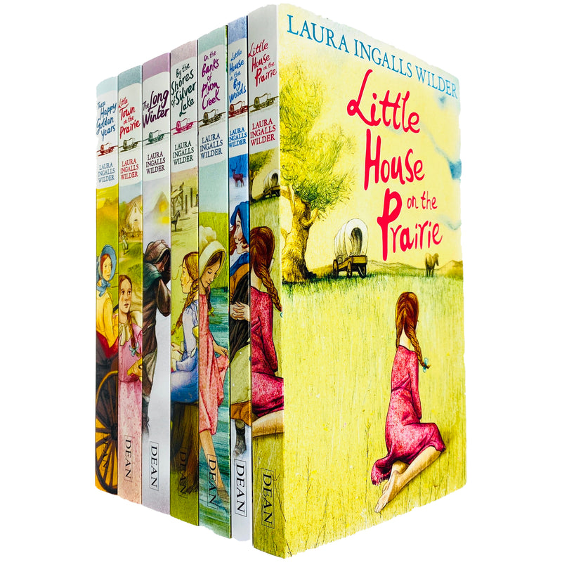 Seven-book Little House on the Prairie collection by Laura Ingalls Wilder, paperback fiction set with colorful covers.