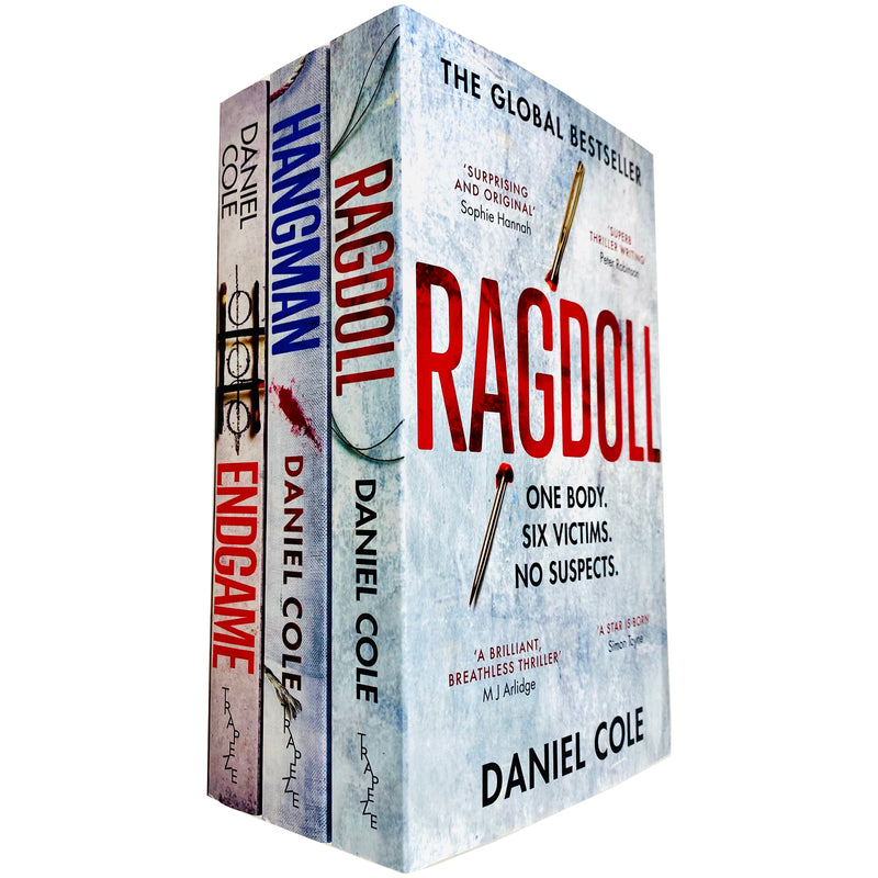 Daniel Cole 3-book collection set including Ragdoll, Hangman, and Endgame by Orion, featuring book covers and spines.